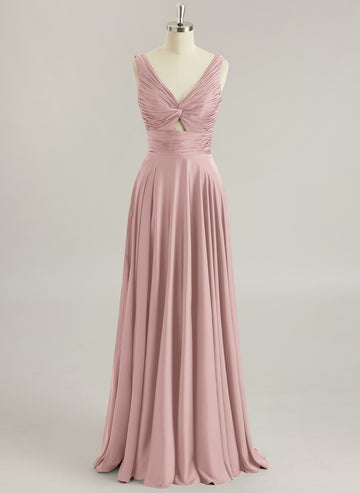 A-line V-Neck Floor-Length Silky Satin Prom Dresses With Pleated